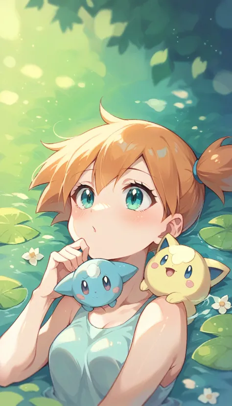 character pokemon, 1 girl , misty , cute ,blue , daydreaming, pokemon seel swimming over your head, cute expression,