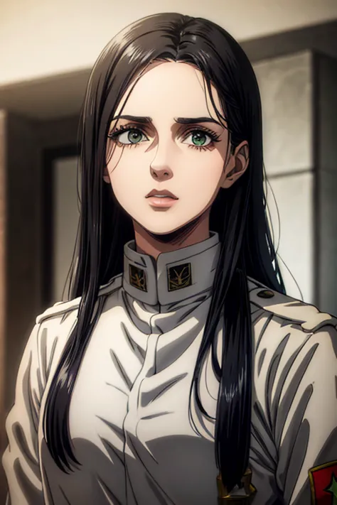 1 woman aged 35, long black hair, greeneyes, neutral expression, White military uniform, marley, liberia, Masterpiece artwork, best qualityer, retina, super detaill, 