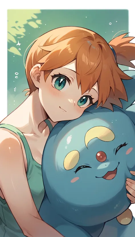 character pokemon, 1 girl , misty , cute ,blue , daydreaming, pokemon piplup swimming over your head, cute expression,