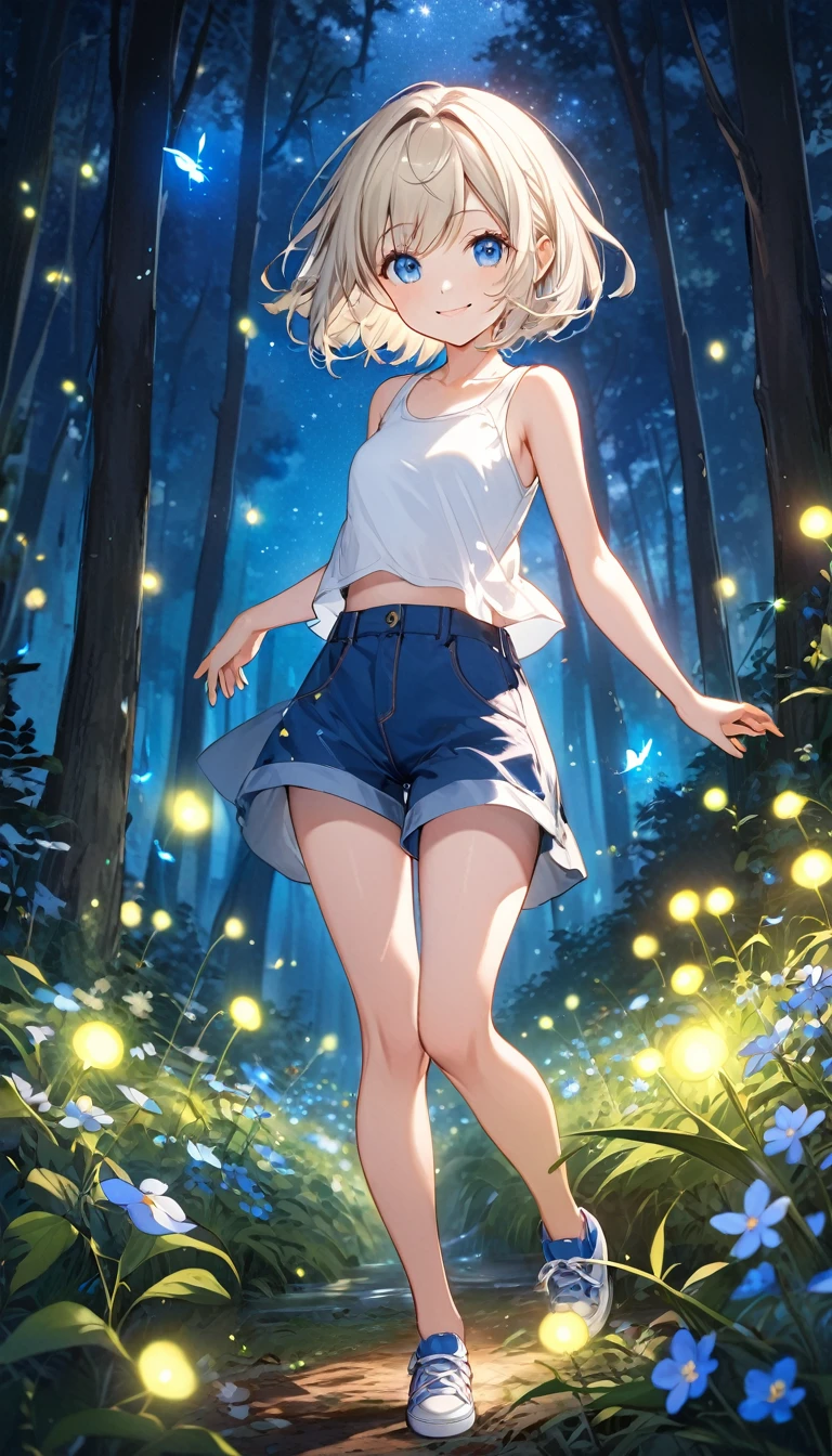 One girl,  alone, Cute,Silver blonde hair, Bob Hair,Blue eyes, View your viewers,smile,Small breasts,White tank top,Blue shorts,Full Body Style,The blue light of the fireflies is dazzling,Blue fireflies dancing wildly,in the forest,Wildflowers are in full bloom,