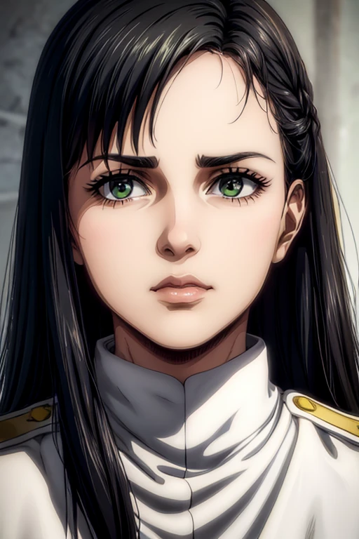 1 woman aged 35, long black hair, greeneyes, neutral expression, White military uniform, marley, liberia, Masterpiece artwork, best qualityer, retina, super detaill, 