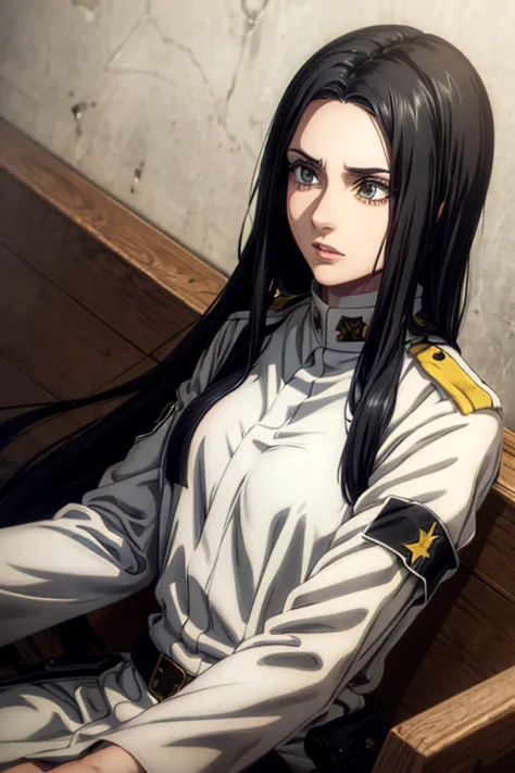 1 woman aged 35, long black hair, greeneyes, neutral expression, white military uniform, marley, liberia, masterpiece artwork, b...