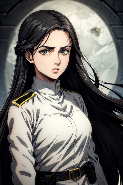 1 woman aged 35, long black hair, greeneyes, neutral expression, White military uniform, marley, liberia, Masterpiece artwork, best qualityer, retina, super detaill, 