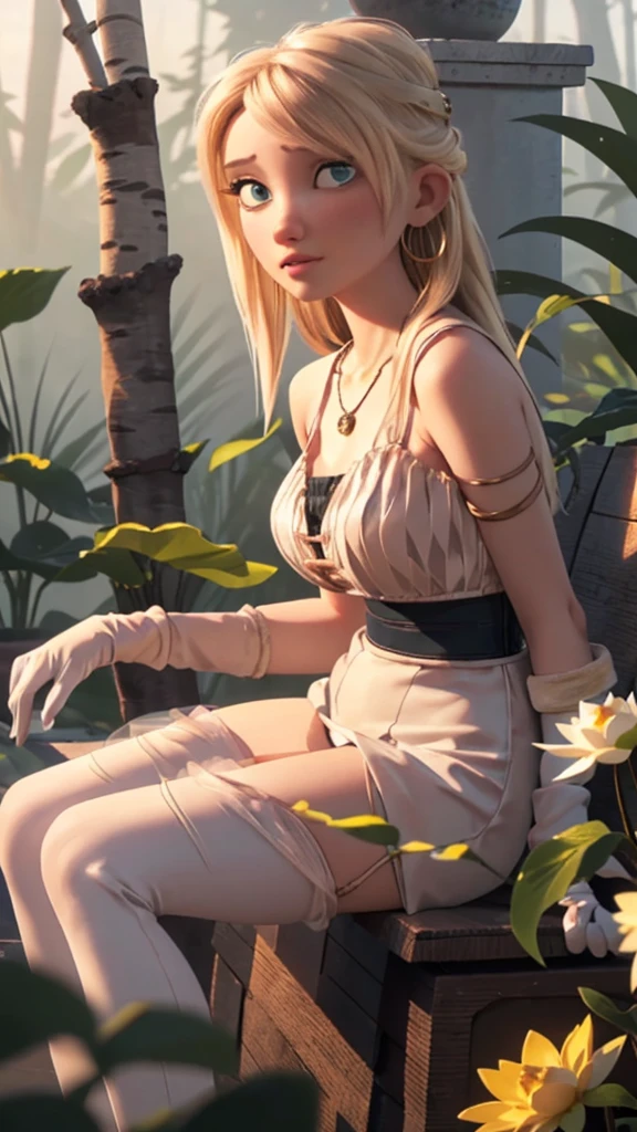 (ultra realistic,32k, masterpiece:1.2),(high detailed skin:1.1),( high quality:1.1), 
Astrid, very long wavy hair, blond hair, long bangs, elegant fringe, realistic big eyes, slim face, egirl makeup, long eyelashes, plump botox lips,  sexy closed lips, Orgasm face, sex joy, pink rose in hair, sexy supermodel body, Looking into camera, tall girl, slim fit figure, elegant necklace, transparent white smooth top, material top with black details, white gloves, no strings, bare shoulders, black details on clothes, thigh transparent highs, gold hoop earrings, Romantic photo, sitting on black rock, birch forest, birch trees, beas and honey, white lotus flower, fog, exotic plants, realistic birch trees, yellow glowing honey berries, outside, floating exotic flowers, night, warm lights, perfect realistic shading, intensive chromatic effect, rays of the sun, detailed background,,(looking at viewer, sitting, from bellow:1.1),, (hard exposed breast,round breast,:0.9),(volumetric lighting:1.1),