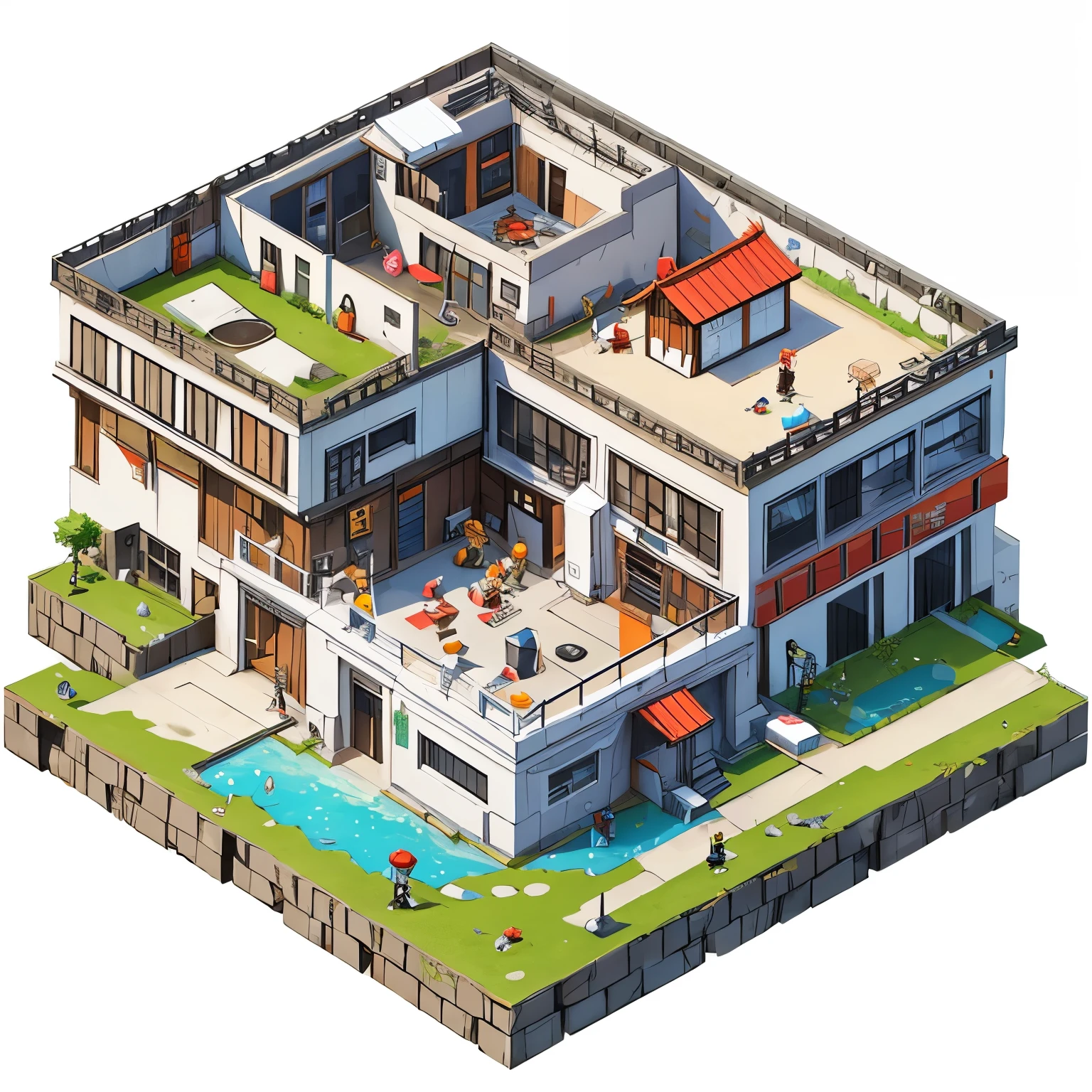 white background, game building, 3d isometric, neko café building