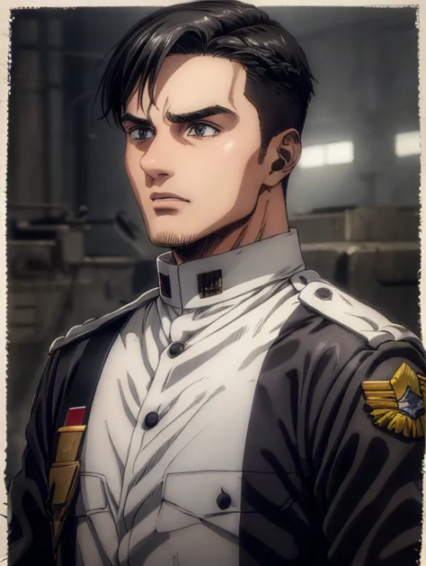 1 man, military hair black, gray eyes, white military uniform, quartel general, high resolution, masterpiece artwork, super deta...