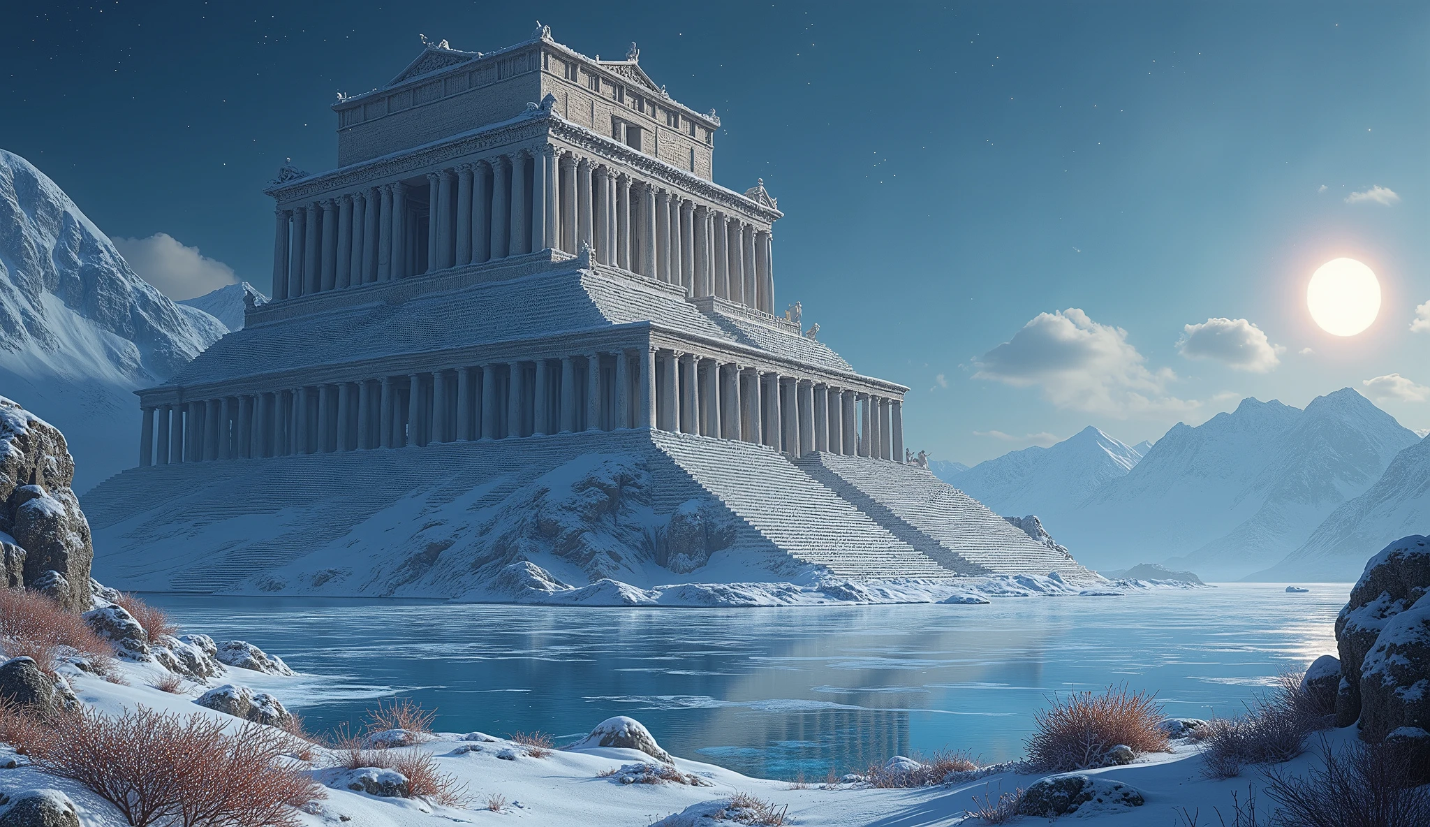 An award-winning masterpiece of visual delight, depicting a massive, multi-story ancient Greek structure resembling a vertical city, towering majestically atop a snowy mountain. The colossal architecture, reminiscent of Minas Tirith from the Lord of the Rings series, rises in tiered levels, each adorned with grand columns and intricate carvings. Greek-style statues of gods, heroes, and mythological creatures stand guard on every level, adding to the imposing grandeur of the structure.

The entire scene is bathed in the soft, cool light of the moon and stars, casting an ethereal glow over the expansive façade and the statues. The cold, crisp air enhances the dramatic shadows and specular highlights that shimmer along the snow-covered surfaces and the frozen lake below, which perfectly mirrors the massive city and the starry night sky above.

Surrounding the site, beautiful tundra flora adds a touch of life and color to the stark, snowy landscape. Delicate, frost-covered plants and hardy flowers emerge from the snow, their subtle hues contrasting with the white surroundings. The moonlight filters through the thin atmosphere, producing a faint Tyndall effect that adds depth to the scene, while God Rays (Crepuscular Rays) stretch across the sky, lending a divine and majestic quality to the vertical city.

A subtle lens flare and soft bloom enhance the brilliance of the starry night, while a gentle glare from the moonlight highlights the towering architecture, the statues, and the surrounding flora. The backscatter effect from ice crystals in the air adds a touch of realism, creating an immersive and awe-inspiring atmosphere. This composition seamlessly blends the monumental beauty of the multi-story Greek structure with the serene, frozen wilderness of the snowy mountain, capturing a moment where history, mythology, and nature coexist in perfect harmony.