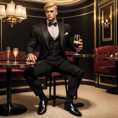 full view of a young wealthy arrogant white europan businessman with blond clean preppy haircut, rich, dapper suit, black tassel...