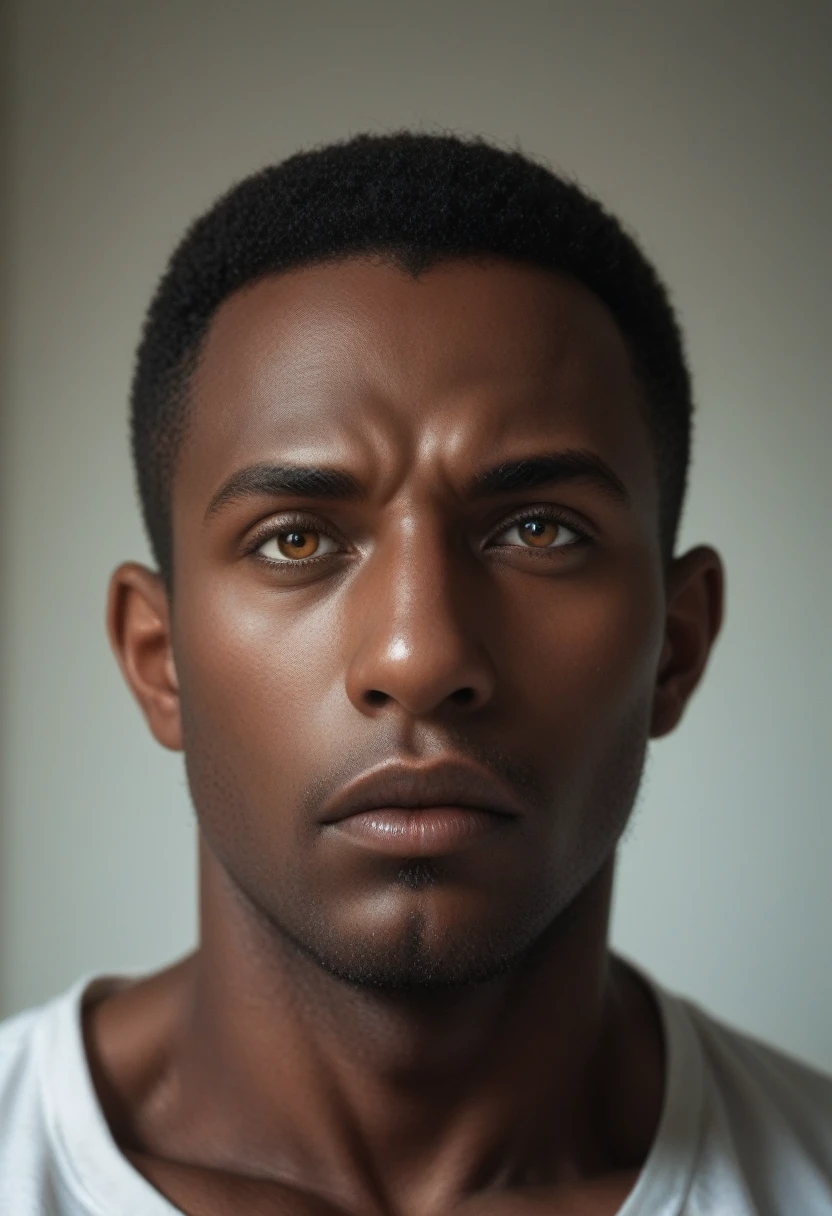 shawt in a realistic portrait of a handsome african american man, beautiful detailed eyes, beautiful detailed lips, extremely detailed face, strong masculine jawline, muscular build, in a white studio, dramatic lighting, cinematic composition, photorealistic, 8k, high resolution, hyperdetailed, masterpiece, best quality