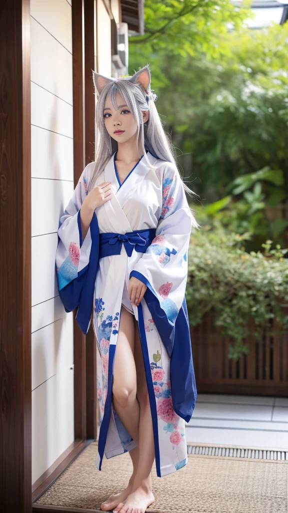 one girl, Breasts, long hair, Colorful hair, Silver hair, Colorful hair, medium length hair, Breasts, Cat ears, Blue eyes, Blue eyes, Minimalism, Futuristic, Japanese traditional clothing, short clothes, short kimono, white colored kimono, standing, standing, kimono, sleepwear, sex, kimono underwear, kimono style underwear 