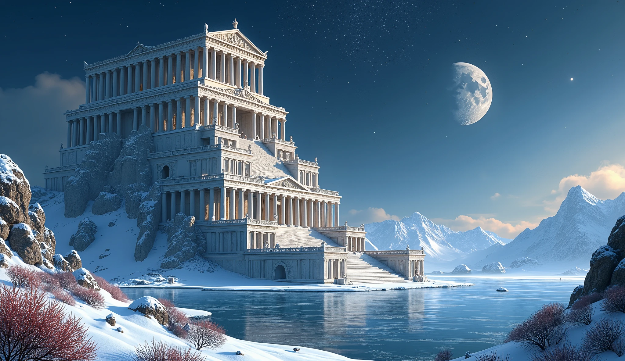 An award-winning masterpiece of visual delight, depicting a massive, multi-story ancient Greek structure resembling a vertical city, towering majestically atop a snowy mountain. The colossal architecture, reminiscent of Minas Tirith from the Lord of the Rings series, rises in tiered levels, each adorned with grand columns and intricate carvings. Greek-style statues of gods, heroes, and mythological creatures stand guard on every level, adding to the imposing grandeur of the structure.

The entire scene is bathed in the soft, cool light of the moon and stars, casting an ethereal glow over the expansive façade and the statues. The cold, crisp air enhances the dramatic shadows and specular highlights that shimmer along the snow-covered surfaces and the frozen lake below, which perfectly mirrors the massive city and the starry night sky above.

Surrounding the site, beautiful tundra flora adds a touch of life and color to the stark, snowy landscape. Delicate, frost-covered plants and hardy flowers emerge from the snow, their subtle hues contrasting with the white surroundings. The moonlight filters through the thin atmosphere, producing a faint Tyndall effect that adds depth to the scene, while God Rays (Crepuscular Rays) stretch across the sky, lending a divine and majestic quality to the vertical city.

A subtle lens flare and soft bloom enhance the brilliance of the starry night, while a gentle glare from the moonlight highlights the towering architecture, the statues, and the surrounding flora. The backscatter effect from ice crystals in the air adds a touch of realism, creating an immersive and awe-inspiring atmosphere. This composition seamlessly blends the monumental beauty of the multi-story Greek structure with the serene, frozen wilderness of the snowy mountain, capturing a moment where history, mythology, and nature coexist in perfect harmony.