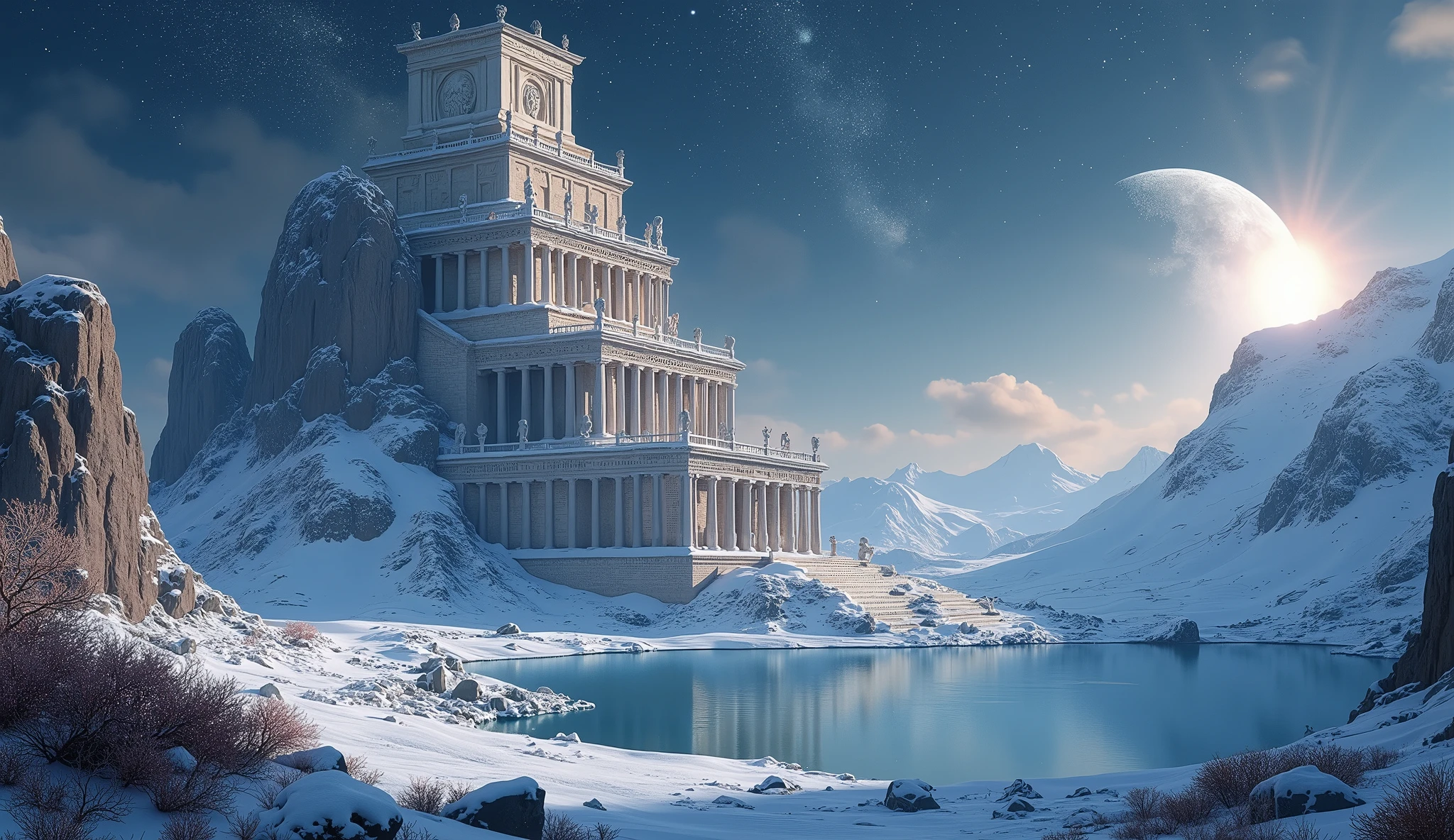 An award-winning masterpiece of visual delight, depicting a massive, multi-story ancient Greek structure resembling a vertical city, towering majestically atop a snowy mountain. The colossal architecture, reminiscent of Minas Tirith from the Lord of the Rings series, rises in tiered levels, each adorned with grand columns and intricate carvings. Greek-style statues of gods, heroes, and mythological creatures stand guard on every level, adding to the imposing grandeur of the structure.

The entire scene is bathed in the soft, cool light of the moon and stars, casting an ethereal glow over the expansive façade and the statues. The cold, crisp air enhances the dramatic shadows and specular highlights that shimmer along the snow-covered surfaces and the frozen lake below, which perfectly mirrors the massive city and the starry night sky above.

Surrounding the site, beautiful tundra flora adds a touch of life and color to the stark, snowy landscape. Delicate, frost-covered plants and hardy flowers emerge from the snow, their subtle hues contrasting with the white surroundings. The moonlight filters through the thin atmosphere, producing a faint Tyndall effect that adds depth to the scene, while God Rays (Crepuscular Rays) stretch across the sky, lending a divine and majestic quality to the vertical city.

A subtle lens flare and soft bloom enhance the brilliance of the starry night, while a gentle glare from the moonlight highlights the towering architecture, the statues, and the surrounding flora. The backscatter effect from ice crystals in the air adds a touch of realism, creating an immersive and awe-inspiring atmosphere. This composition seamlessly blends the monumental beauty of the multi-story Greek structure with the serene, frozen wilderness of the snowy mountain, capturing a moment where history, mythology, and nature coexist in perfect harmony.