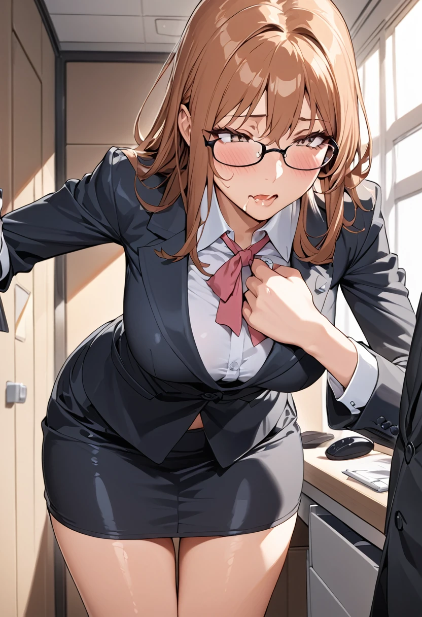 nsfw,pov,High quality,Ultra-high resolution,High-definition illustrations,Masterpiece,extremely Detail,housewife,Business suits,glasses,beautiful body,beauty breasts,Medium breasts,drooling,in heat,orgasm face,BREAK,Touch the wall,thin drooping eyes,humid,glossy lips,eyelash,in office room,Leaning forward,standing inner thigh,(vaginal vibrator in skirt),wireless remote vibrating egg ,A man has a controller in his hand