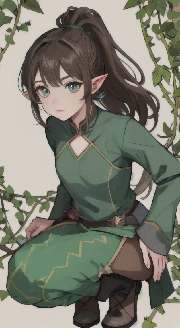 crouched pose. brown hair with green fades in a ponytail. dark vitiligo green scales. pointy ears. light teal talons arms and legs. vines around chest. leaf skirt. vines background