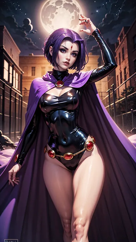 illustration of raven from dc comics, 1 girl, raven, turtleneck, skin tight black leotard, black cape, purple hair, forehead jew...