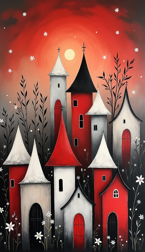 The image shows a stylized painting of a group of houses with various shapes and sizes., predominantly in shades of red, white, and gray. The background changes from a dark red at the top to lighter shades towards the bottom., suggesting a sunset or sunrise sky. Some houses have visible windows and doors., while others are more abstract. The overall composition gives an impression of a whimsical or dreamlike village.. Black outlines resembling plants or flowers are present in some parts of the canvas., Adding to the fantastic atmosphere. Stars or specks of light are scattered across the top of the image..