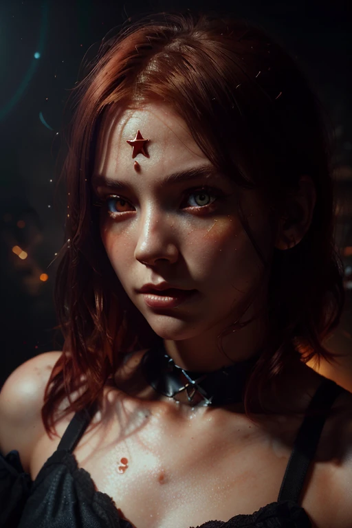 1 girl, star eye, blush, perfect lighting, Red hair, Red eyes, unreal engine, side lighting, detailed face, hits, shiny skin, simple background, dark background