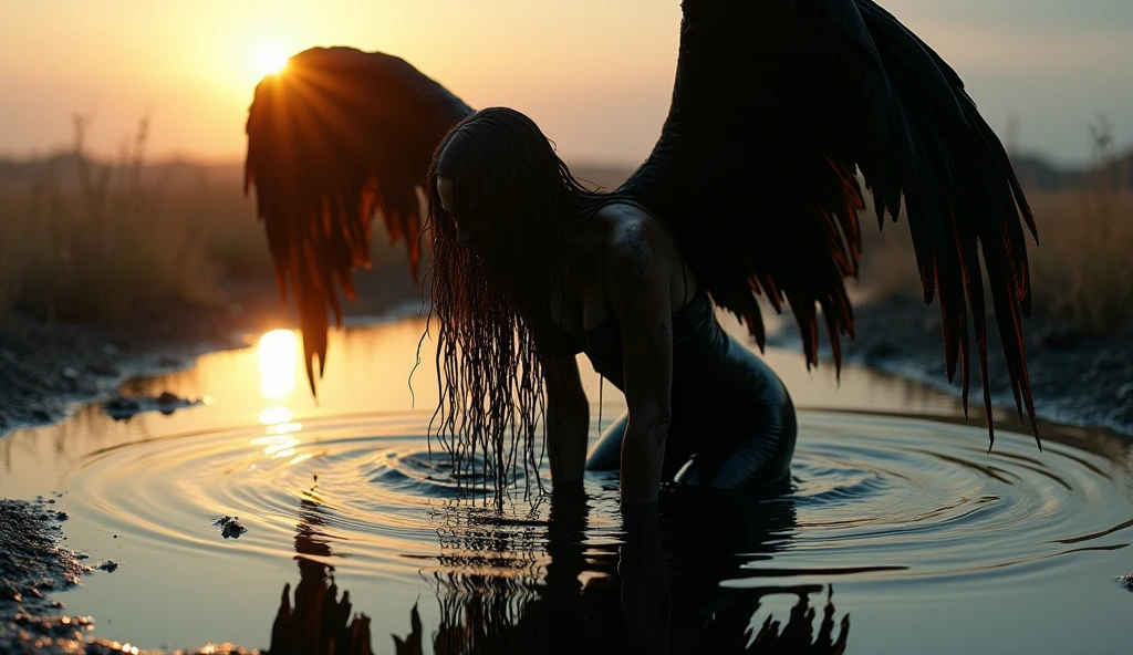 long drooping hair, nnlnnx, (Sharp Focus:1.2), Photo,  woman rises from all fours from black shiny bed of oil. The woman&#39;s body is partially covered in oil, Behind his back are huge black wings spread out, head bends over a puddle, black wet shiny hair hangs vertically down and touches a black puddle, sunset, country hard light, in the style of fantasy horror