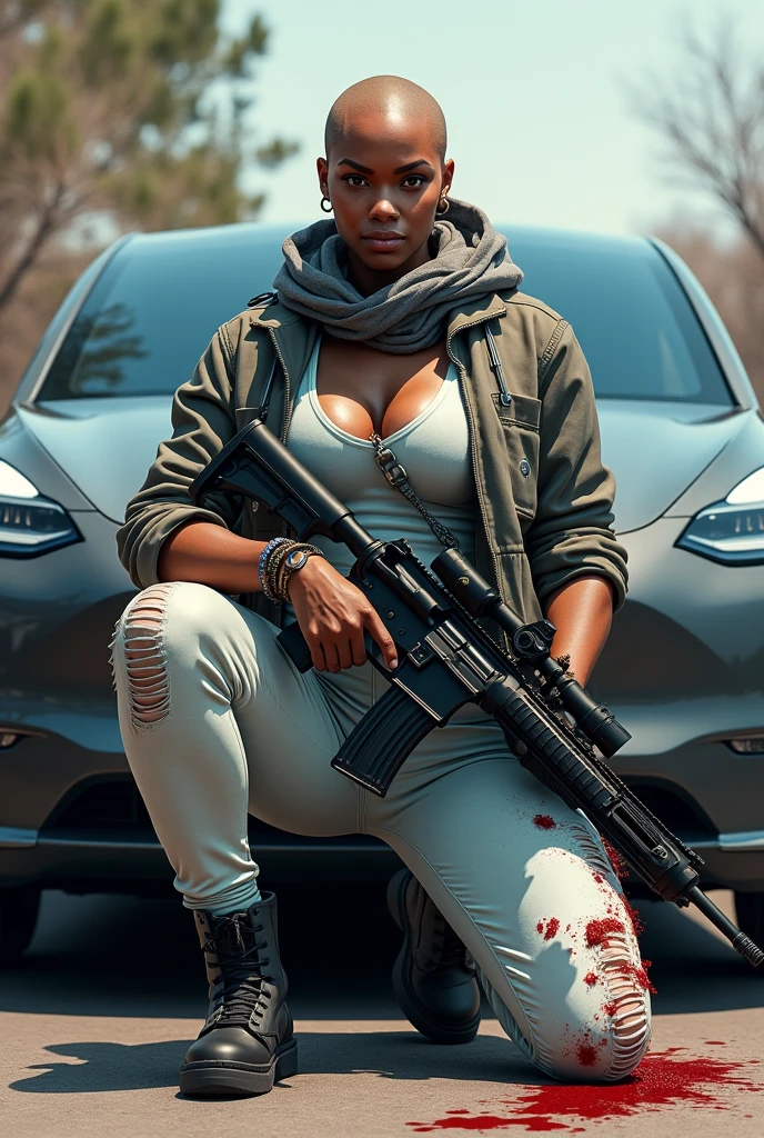 Malika Al- Shabazz X  with her shaved head (very big size breasts 1.8) very small waist, very wide hips, pale blue winter longjohn pants, ripped combat shirt, face shield, Bloody and sweat stains, AR-15 gun, kneeling on ome knee behind new parked Tesla EV car