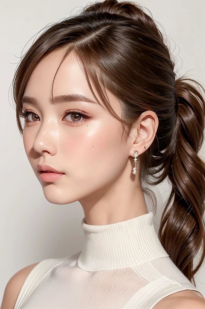 ((Highest quality)), ((masterpiece)), (High-definition photos), (upper ponytail, french braid), (Blonde), (bangs),  (beautiful girl:1.3), False eyelashes, (earrings), white sleeveless turtleneck dress with a ribbed texture and a bodycon fit, (white skin), head tilt, (Blushed:1.3), (face close up:1.1), from side, (finger to mouth:1.3), Shiny skin、wetty lips, Thin eyebrows、(brown eyes:1.1)
