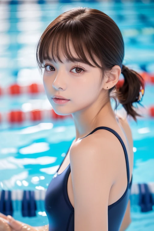 ((Smooth facial skin)、one girl, (a beauty girl, delicate girl:1.3), (:1.3), break, (Navy School Swimsuit:1.3), break, Very detailedな明瞭さ, (Symmetrical eyes:1.3), break, (School swimming pool, Outdoor:1.3), break, Small breasts、 Brown eyes, Twin tails、 Brown Hair, girl, break, (Eye and facial details:1.0), break, (masterpiece, Highest quality, Very detailed, Detailed face, 8k)