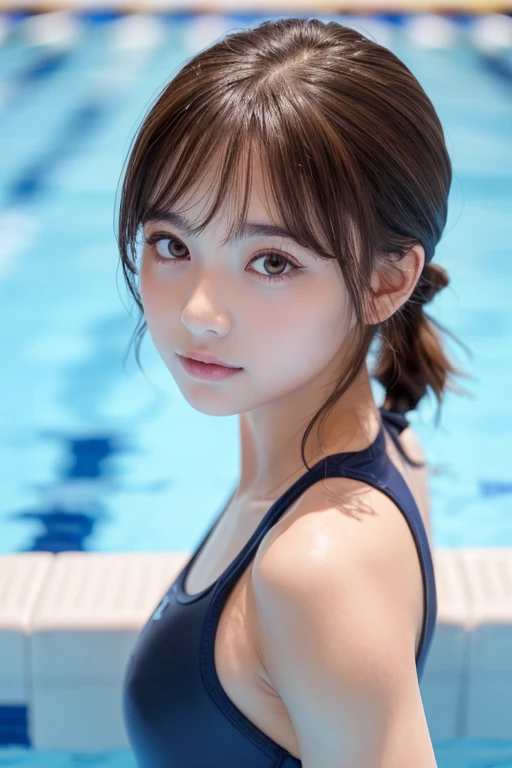 ((Smooth facial skin)、one girl, (a beauty girl, delicate girl:1.3), (:1.3), break, (Navy School Swimsuit:1.3), break, Very detailedな明瞭さ, (Symmetrical eyes:1.3), break, (School swimming pool, Outdoor:1.3), break, Small breasts、 Brown eyes, Twin tails、 Brown Hair, girl, break, (Eye and facial details:1.0), break, (masterpiece, Highest quality, Very detailed, Detailed face, 8k)