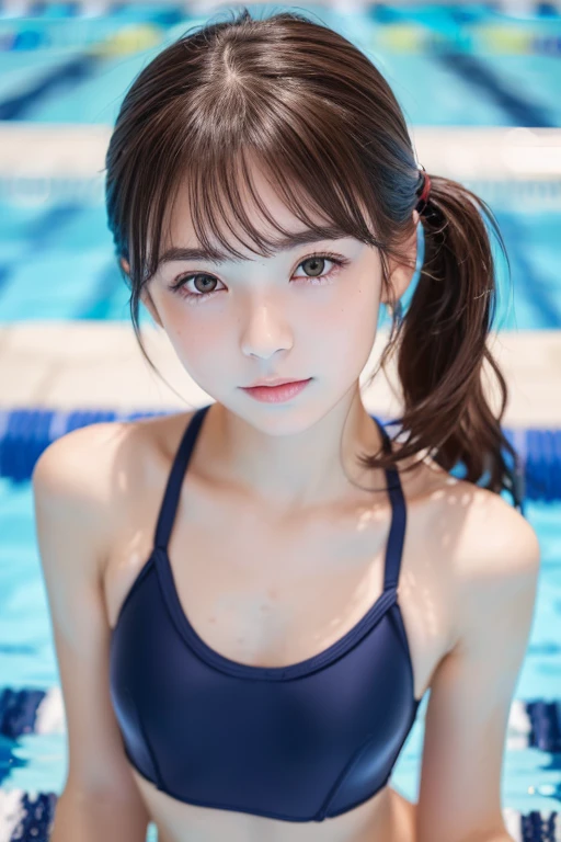 ((Smooth facial skin)、one girl, (a beauty girl, delicate girl:1.3), (:1.3), break, (Navy School Swimsuit:1.3), break, Very detailedな明瞭さ, (Symmetrical eyes:1.3), break, (School swimming pool, Outdoor:1.3), break, Small breasts、 Brown eyes, Twin tails、 Brown Hair, girl, break, (Eye and facial details:1.0), break, (masterpiece, Highest quality, Very detailed, Detailed face, 8k)