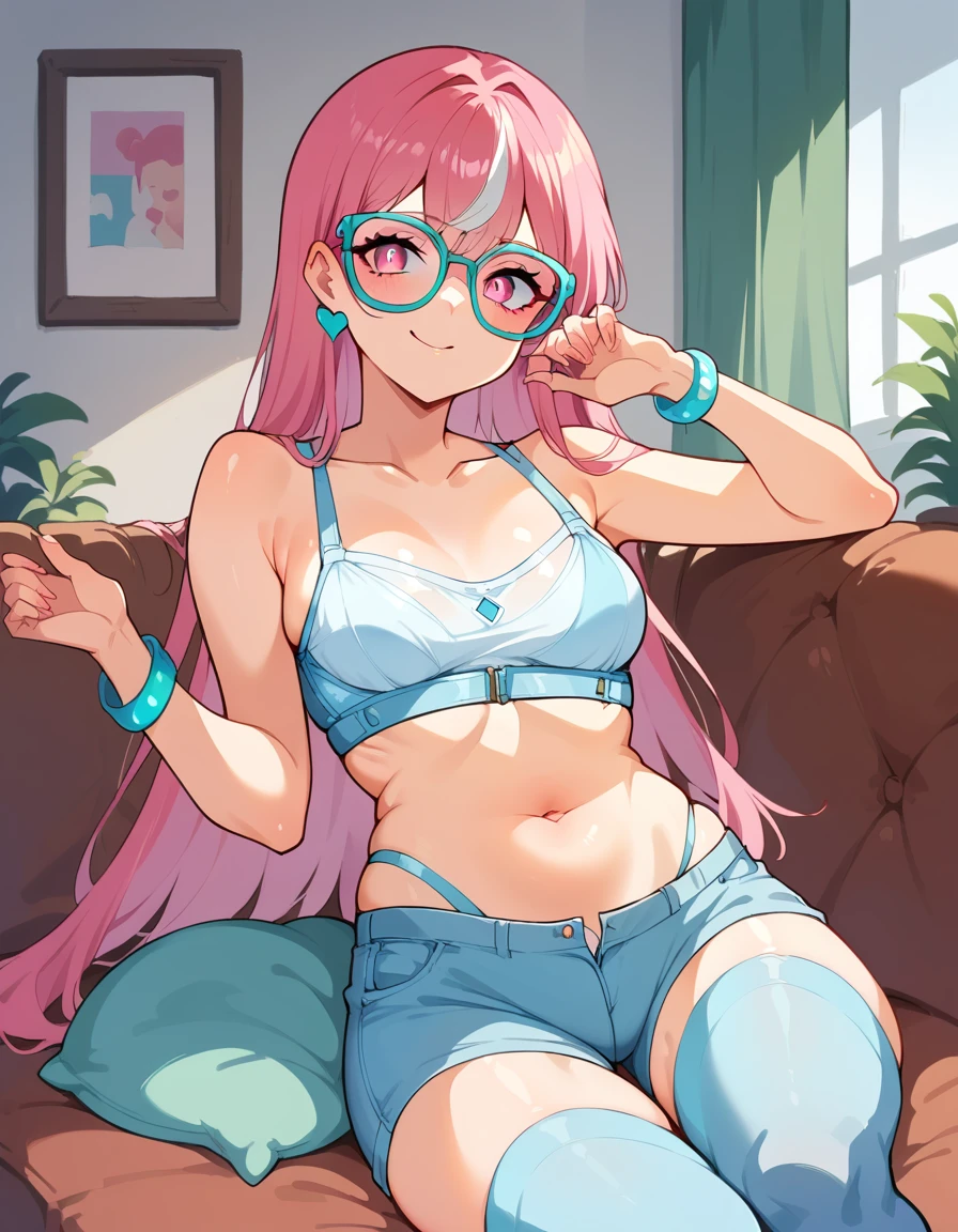 a girl with long pink hair and white streaks, vibrant pink eyes and small breasts. She wears a pink and blue outfit, next to a blue heart earring, colorful bracelets and purple lens glasses, Her outfit is cute and short, But provocative and inviting, short rosa, light blue top , Showing her breasts as she stretches on the living room couch, resting her cheek on her hand and elbow resting on the sofa. She smiles annoyingly and mischievously, Her breasts almost on display.  long hair, pink hair with white highlights