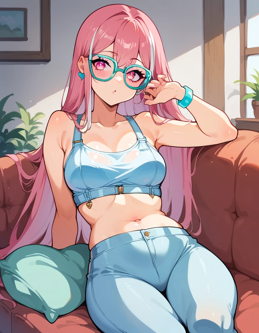 a girl with long pink hair and white streaks, vibrant pink eyes and small breasts. She wears a pink and blue outfit, next to a blue heart earring, colorful bracelets and purple lens glasses, Her outfit is cute and short, But provocative and inviting, short rosa, light blue top , Showing her breasts as she stretches on the living room couch, resting her cheek on her hand and elbow resting on the sofa. She smiles annoyingly and mischievously, Her breasts almost on display.  long hair, pink hair with white highlights