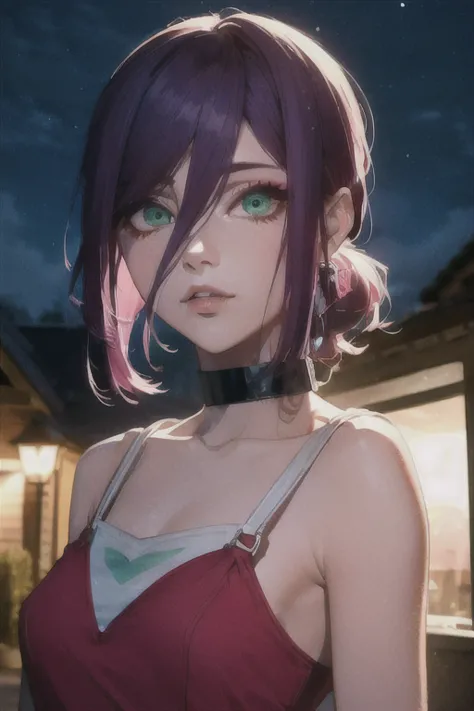 (highest quality)、(highest quality)、cut、chainsaw man、cute、(choker).eyes are emerald、her hair is purple、short bob、beautiful night...