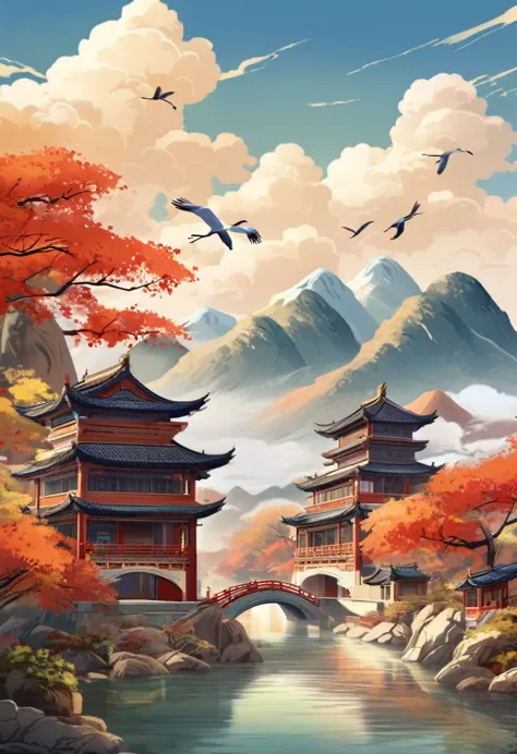 mountains, clouds, ancient chinese architecture, cranes