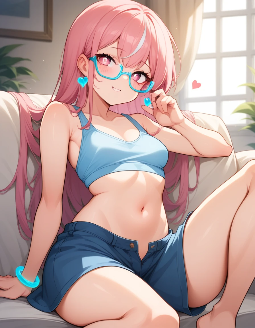 a girl with long pink hair and white streaks, vibrant pink eyes and small breasts. She wears a pink and blue outfit, next to a blue heart earring, colorful bracelets and purple lens glasses, Her outfit is cute and short, But provocative and inviting, short rosa, light blue top , Showing her breasts as she stretches on the living room couch, resting her cheek on her hand and elbow resting on the sofa. She smiles annoyingly and mischievously, Her breasts almost on display.  long hair, pink hair with white highlights