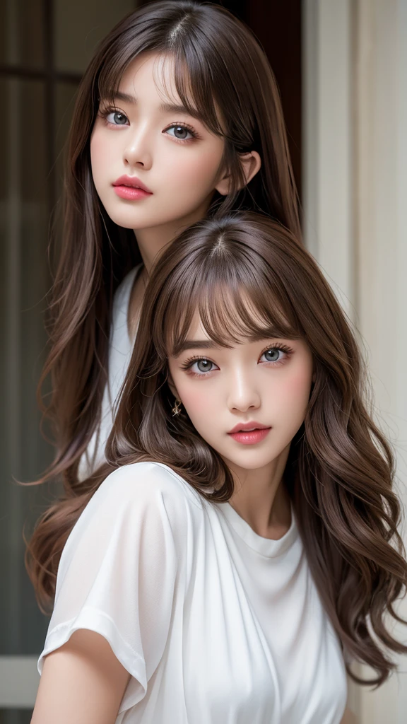 (Flying debris, Highest quality、High resolution:1.4、Very attractive beauty、Add strong highlights to the eyes、Look closely at the camera:1.4、A charming beautiful woman、Ideal ratio body proportions、Perfect Anatomy、Wavy Long Hair、Shiny Hair、bangs:1.4、光沢のあるbangs:1.4、Lip gloss),1 girl, light brown Shiny Hair, Scarf genuine、Please tilt your head a little, Bright colored crystal light blue eyes, shiny shorthair、 chestの中央に穴の開いた白いタートルネックの衣装、丈が短くサイズがbigTシャツ、Wide pants with suspenders、 lips, Lip gloss, Upper Body、Big eyes、eyelash、Face is a little red、I&#39;It&#39;Embarrassing)、((White mortar mural background))、((short hair with Big eyess、Give students a very strong highlight、{Hugeな|big chest|Hugeなな|Mega} generally small chest:1.6、very big chestger generally small chest、Looking at the audience、Very beautiful beauty、Stick out your ears、Long neck、smile、smile、Happy、Beautiful Teeth、口を開いてsmile、Heart shaped eyes))、2、Very cute supermodel、bangs:2、{Huge|big|Hugeな|Mega} chest, chestの谷間