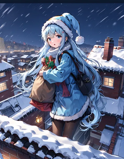 Light blue long hair、Twin-tailed Santa Girl, stuck in the chimney, rooftop, snow, alone,, Struggling, Troubled face、bag, push, High resolution, Absurd,