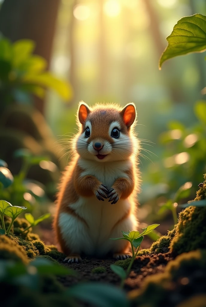 detailed miniature wildlife photography,1 small furry animal,detailed fur textures,lush tropical rainforest background,warm golden hour lighting,photorealistic,8k,highly detailed,masterpiece,professional wildlife photography