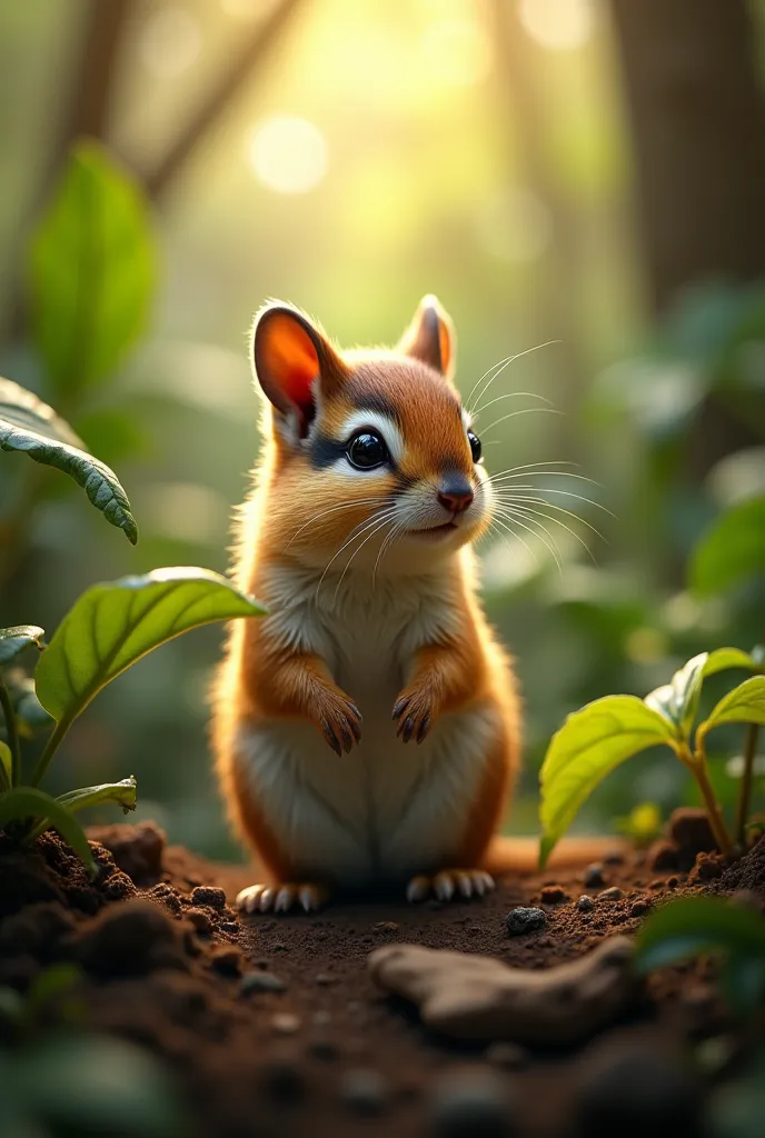 detailed miniature wildlife photography,1 small furry animal,detailed fur textures,lush tropical rainforest background,warm golden hour lighting,photorealistic,8k,highly detailed,masterpiece,professional wildlife photography