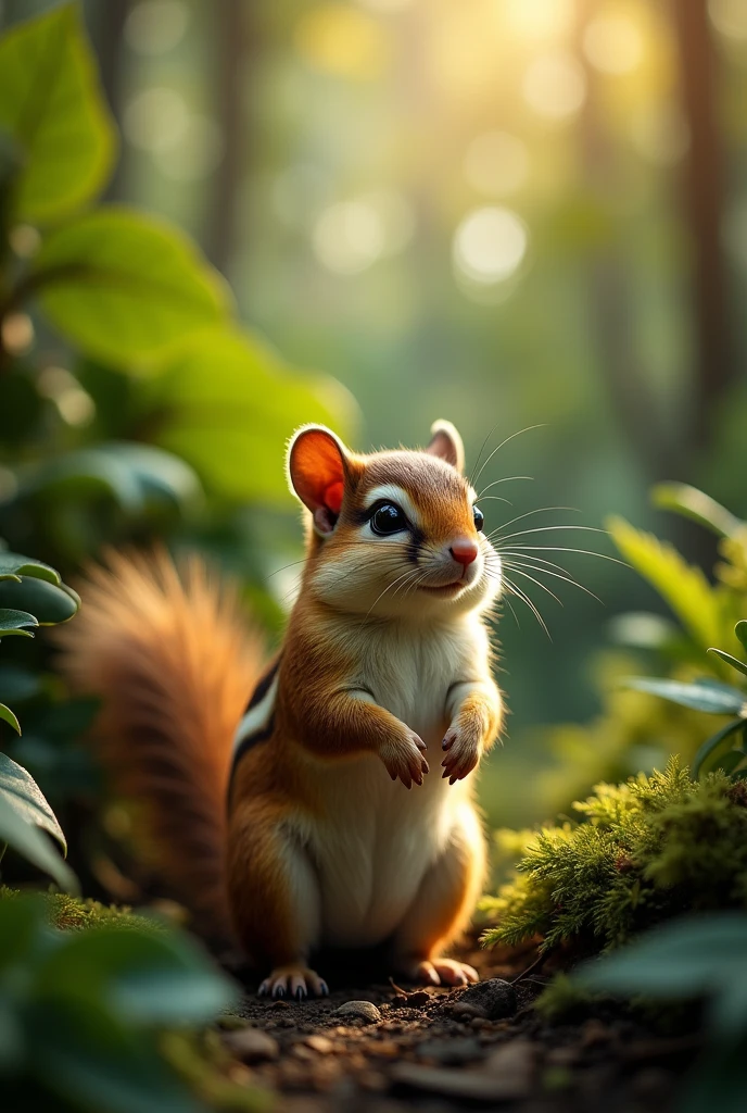 detailed miniature wildlife photography,1 small furry animal,detailed fur textures,lush tropical rainforest background,warm golden hour lighting,photorealistic,8k,highly detailed,masterpiece,professional wildlife photography