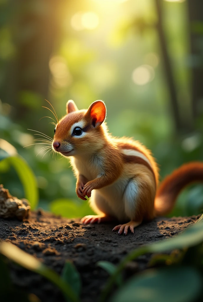 detailed miniature wildlife photography,1 small furry animal,detailed fur textures,lush tropical rainforest background,warm golden hour lighting,photorealistic,8k,highly detailed,masterpiece,professional wildlife photography