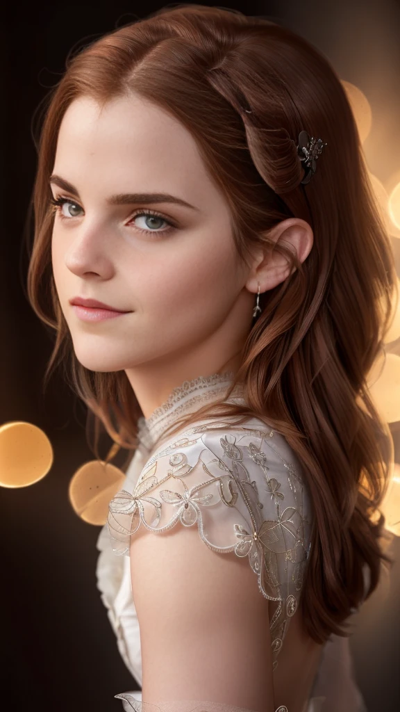 emma watson, (elegant, beautiful face), curly red hair, (cheeky smile:0.8), pale skin, goth makeup, (intricately detailed, fine details, hyperdetailed), raytracing, subsurface scattering, diffused soft lighting, atmospheric lights, flashes of light and sparks, curls, god rays, ultradetailed, ultradetaled, detailed skin, natural skin texture, shallow depth of field, hdr, 8k, cinematic, hyperrealistic, ultradetaled geen eyes, hyper realism soft light, film, studio lighting, detailed skin, ultra realistic, bokeh, sharp features, best quality, ultra high res, detailed face, realistic face, raw photo 