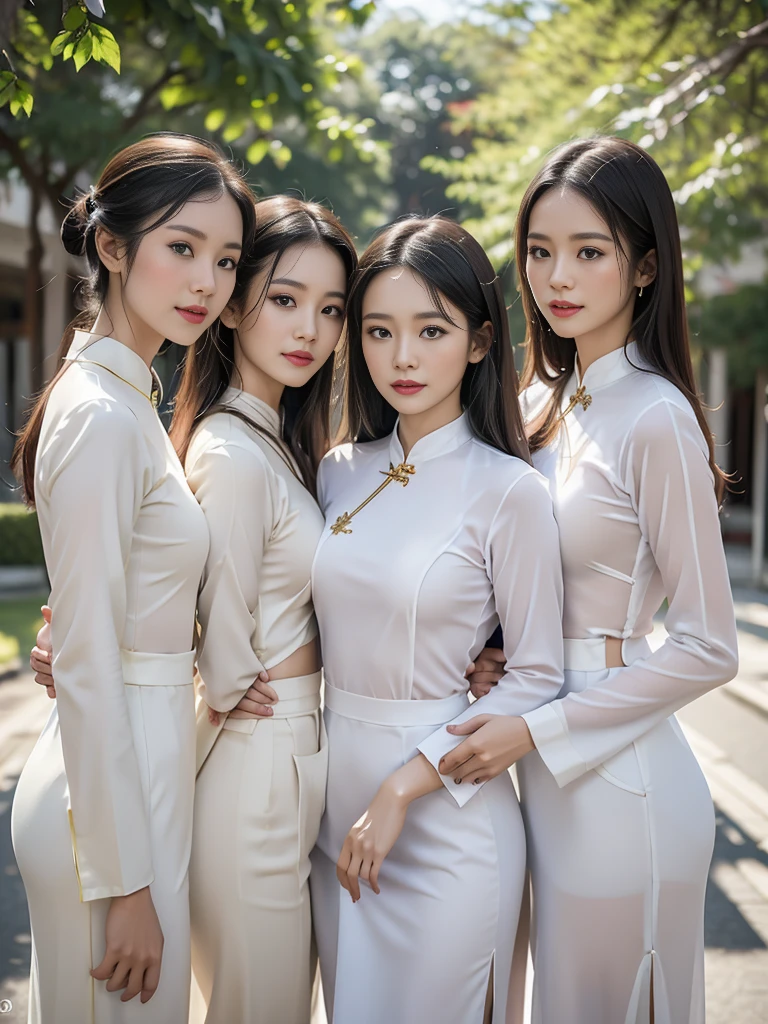 Sexy Ao Dai in Various Colors,Highest quality, masterpiece, Ultra-high resolution, (realism: 1.4), Original photo, (Realistic skin texture: 1.3),Vietnam,Three women standing together, Graduation photo,  family, Wear your degree uniform, graduate student, Photo taken in 2023, happy,A see-through bra underneath the ao dai