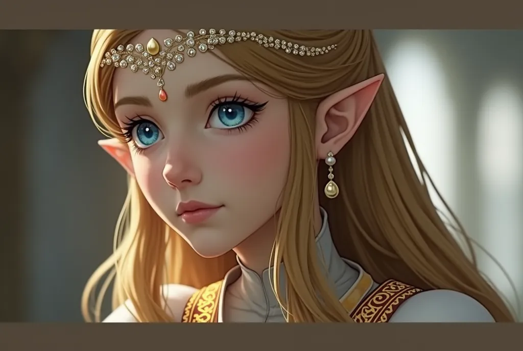 Blonde、bright blue eyes「The Legend of Zelda」A delicate and detailed portrait of Princess Zelda from。Focus on the upper body and face。In a white dress、The collar and vest are lavishly embroidered in gold.。Long golden hair flowing down to her shoulders、Perfectly frames the face。A delicate tiara rests gently on her forehead.、It is studded with tiny sparkling gems that collect light.。Deep blue eyes。The background is barely visible with a strong blur