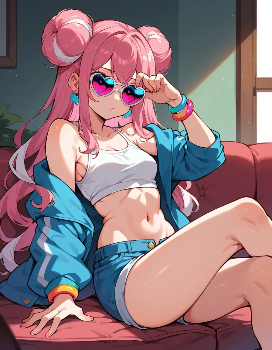 a girl with long pink hair and white streaks, vibrant pink eyes and small breasts. She wears a pink and blue outfit, next to a blue heart earring, colorful bracelets and purple lens sunglasses, Her outfit is cute and short, But provocative and inviting, short rosa/ pink short shorts, blusa azul , sitting on the living room sofa, resting your cheek on your hand and your elbow on the sofa. She smiles annoyingly and mischievously. pink hair with white highlights. face detailed