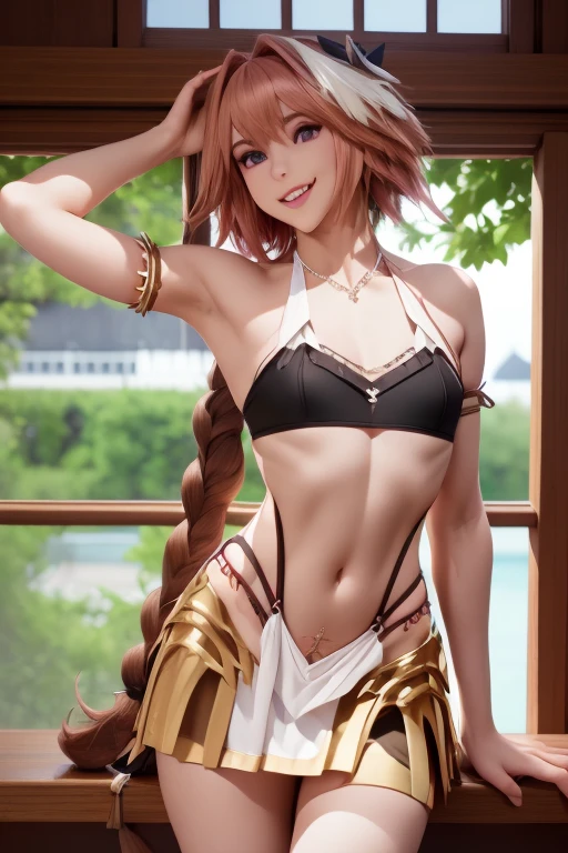 ((masterpiece)), ((best quality)), (detailed), astolfo, Beautiful, Beautifu and slim perfect body, slim body, really female, slim female body, female, very innocent smile, innocent smile, femboy, boy, bright pink hair, spiky hair, short hair, a long braid, lock of white hair on left side, perfect, solo, gorgeous femenine person, mini top, crop top, wedding dress, mini dress, micro skirt, mini skirt, bridal veil on the head, small bulge, luscious lips, long hair, sexy,