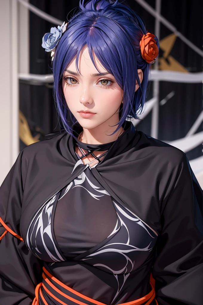 （（（akatsuki outfit，Xiao clothing, ninja, black cloak,black coat, （（（heavy，the woman \(naruto\),the woman, blue hair, Orange pupils, short hair, hair ornament, flower, hair flower, ））），（（（wide hips））），S-shaped body:1.7））），((masterpiece)),high resolution, ((Best quality at best))，masterpiece，quality，Best quality，（（（ Exquisite facial features，looking at the audience,There is light in the eyes，shy，blush，pain，endure ））），（（（Light and shadow interlace，super gigantic ，cleavage））），（（（looking into camera，from below，look up，looking into camera，white paper airplane，white paper，Hands hidden in sleeves）））