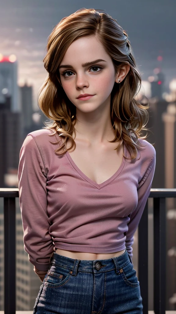 photo of Emma Watson, RAW, beautiful woman, ((portrait)), ((detailed face:1.2)), ((detailed facial feature, detailed skin, clear skin), (perfect proportioned body), (arms behind back:1.25), (wearing an tight pink long sleeve v-neck t-shirt & jeans, poking nipples) (high detailed city environment, apartment balcony), (realistic photo, best quality, detailed), (8k wallpaper), (cinematic lighting, dramatic lighting) (sharp focus, intricate)