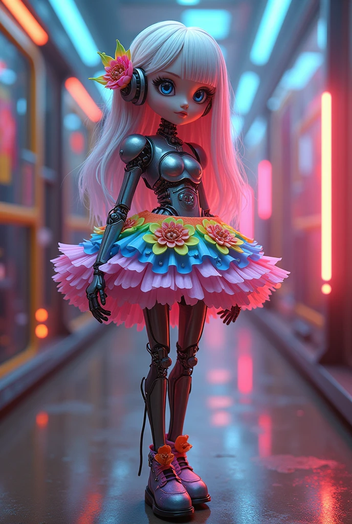 (3d，Mechanical feel，cute，ais-scrapyrd 1girl，tulip)，(Use a wide-angle lens to capture whole body images:1.9)，(masterpiece:1.1)，(Highest quality:1.1)，(HDR:1.0)，Ambient Light，Ultra high quality，(Ultra-detailed original illustrations)，(1 Girl，whole body)，(Rainbow tulip flower skirt)，(Slender thighs)，(Shoes made from tulip flowers: 1.5)，((Harajuku Fashion))，((Flowers with human eyes，Eye disease))，Double Exposure，Fusion of Fluid Abstract Art，Fault，(Original illustration composition)，(Limited color blending，Extreme art style，Geometric artstyle), , Colorful neon lights，High-tech mechanical parts，Metal body，(Detailed vibranium tulip flower design:1.9)，Vibrant colors，Dynamic luminous tulip flowers，Reflective metal surface，Bright environment，Dynamic poses，Exquisite existence，Skills Improvement，Interlocking mechanical gears，Stylish design，motion blur effect，Detailed metal treatment，Sci-fi atmosphere，Streamlined aerodynamic shape，Laser scanning pattern，Holographic projection，LED light track，Beautiful and unforgettable，Advanced sensors，Complex algorithms，Ominous and mysterious atmosphere，Electric Spark，Shiny chrome，Propulsion systems of the future，(Best quality，8k，high resolution，masterpiece:1.2)，Super detailed，(whole body:1.8), magazine photography，A cute girl image，Popular on social platforms，((Dopamineism))，(((Dopamine color matching)))，Dopamine，(in the style of Y2K)，Luo Erchun，3D Antique，Oriental poetry and painting