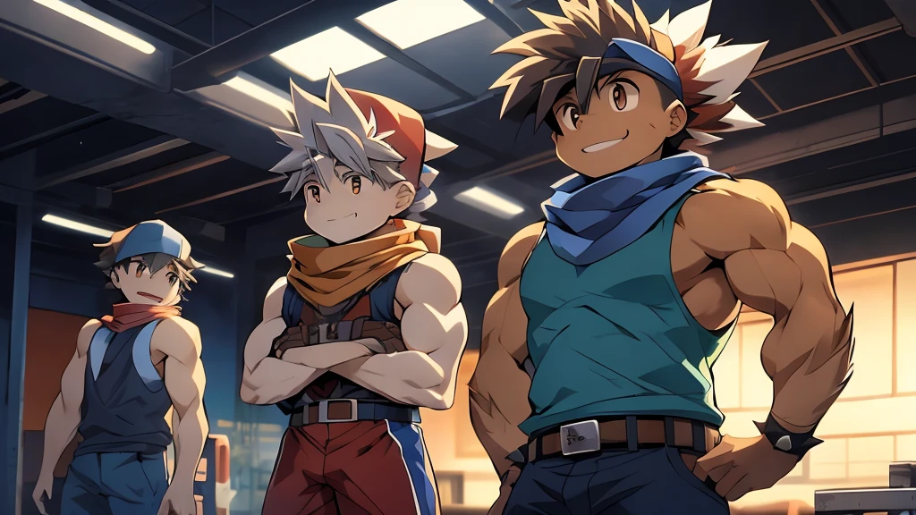 Huge muscles,cramped clothes,Young boy,Child,((( boy)))Blue hat,Spiky Hair,Red vest,An innocent smile,Huge erect penis,Well-trained muscles,Clear fluid leaking from penis,Competing against Kai in a Beyblade tournament,kai, shirt, 1boy, brown eyes, grey hair, male focus, sleeveless, belt, scarf, facial mark, spiked hair, white scarf