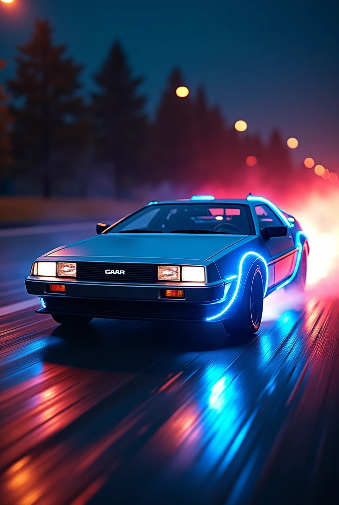 realistic Delorean\(back to the future\(movie\),((glowing blue)), (blue electric glow)\), at night, (beautiful red fire from the wheel track behind Delorean), ((shallow depth-of-field)), (bokeh), (lens flare), sharp focus,,((dynamic angle)),award winning photo, beautiful photo, very exciting racing photo,beautiful background