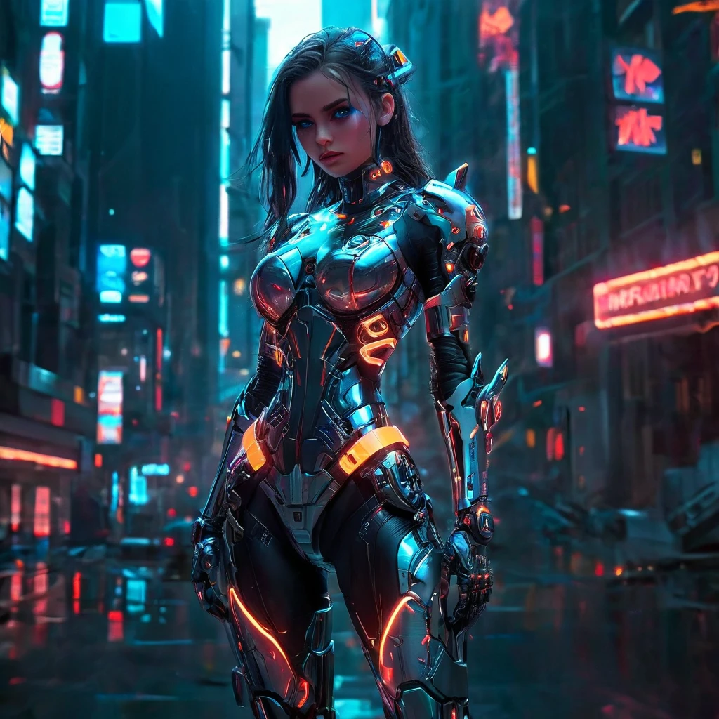 This is a detailed image of a fictional cyberpunk environment.，In the foreground，A beautiful girl mercenary standing，Fully dressed in futuristic high-tech armor with neon decorations，Holding a high-tech weapon in hand，Neon light metal battle armor，High-tech alloy mechanical combat shoes，Mercenary with serious face，Eyes hidden behind sleek goggles that gleam in the dim light，In the background，Complex urban landscape filled with neon lights and tall buildings，All the way to the horizon，Advanced technology contrasts with the rough urban atmosphere