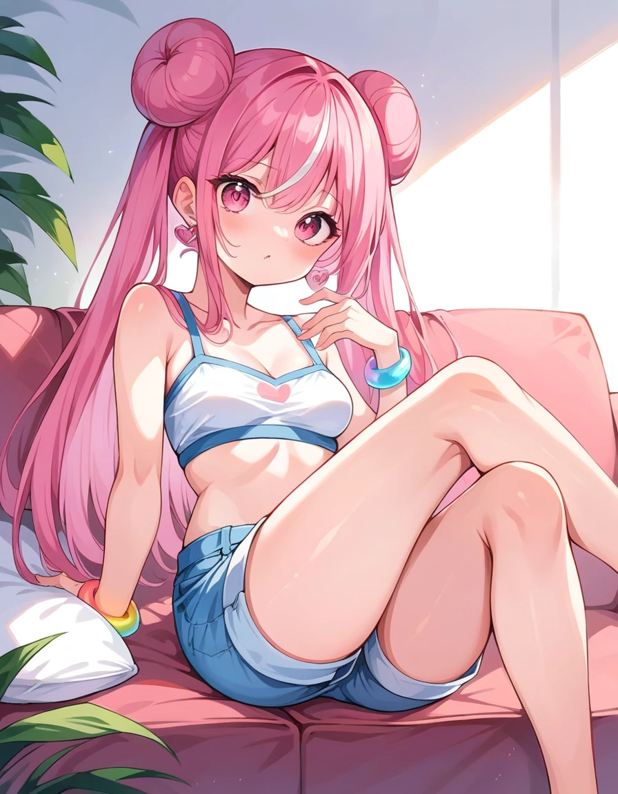 a girl with long pink hair and white streaks, vibrant pink eyes and small breasts. She wears a pink and blue outfit, next to a blue heart earring, colorful bracelets and sunglasses with light purple lenses, Her outfit is cute and short, But provocative and inviting, short rosa / pink short shorts, blusa azul , sitting on the living room sofa, resting your cheek on your hand and your elbow on the sofa. She smiles annoyingly and mischievously. pink hair with white highlights. face detailed, short de cor rosa, 小柄.